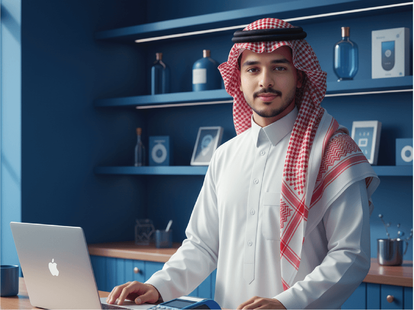Man in traditional Saudi attire looking at his phone, representing large store owners.