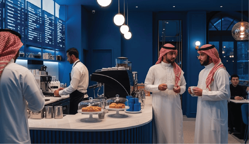 A display of various sweets and pastries at a cafe.