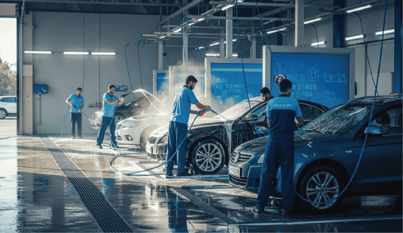 A person washing a black car with a pink glove.